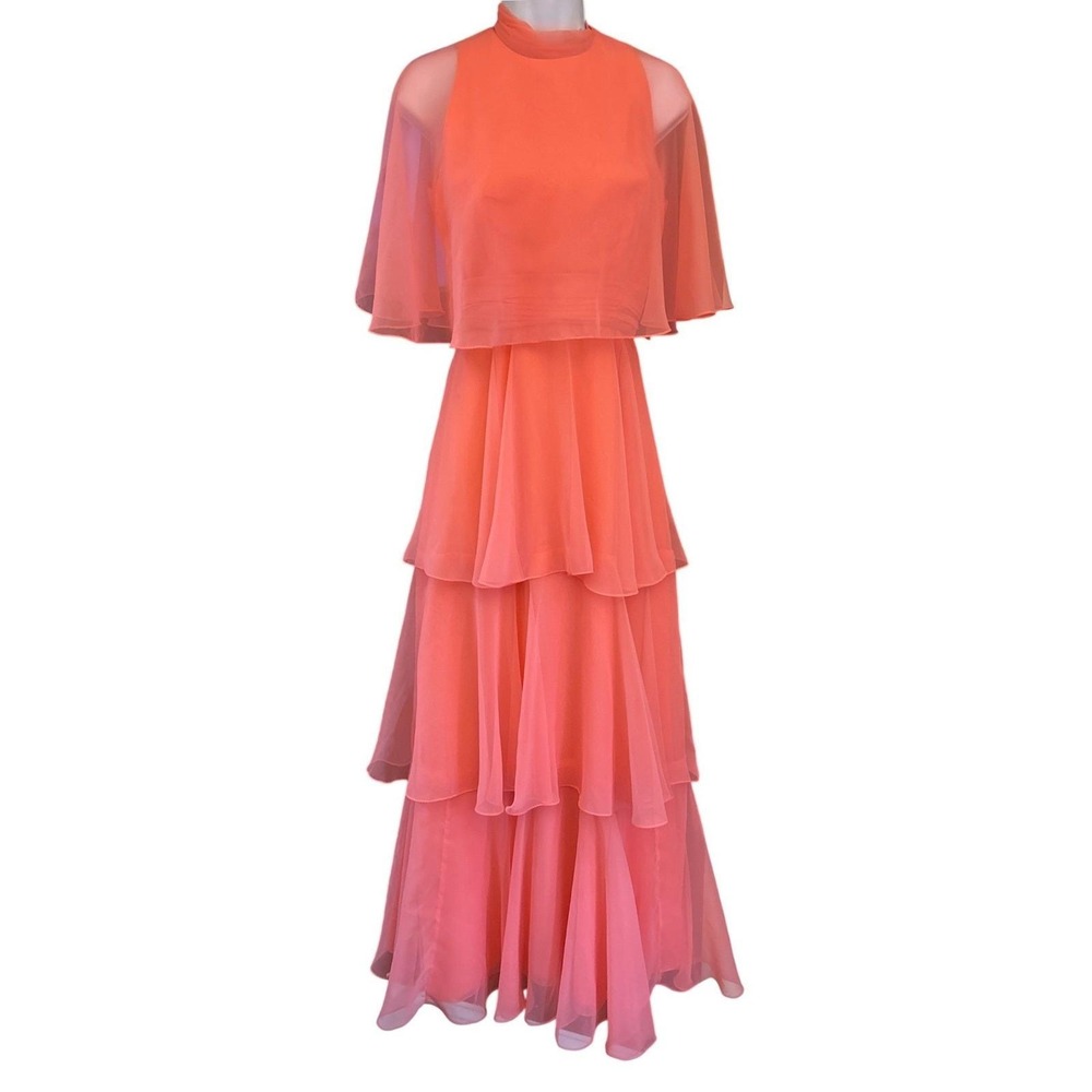 Vintage Miss Elliott Dress Coral Chiffon Tiered Capelet 70s Retro Romantic Gown